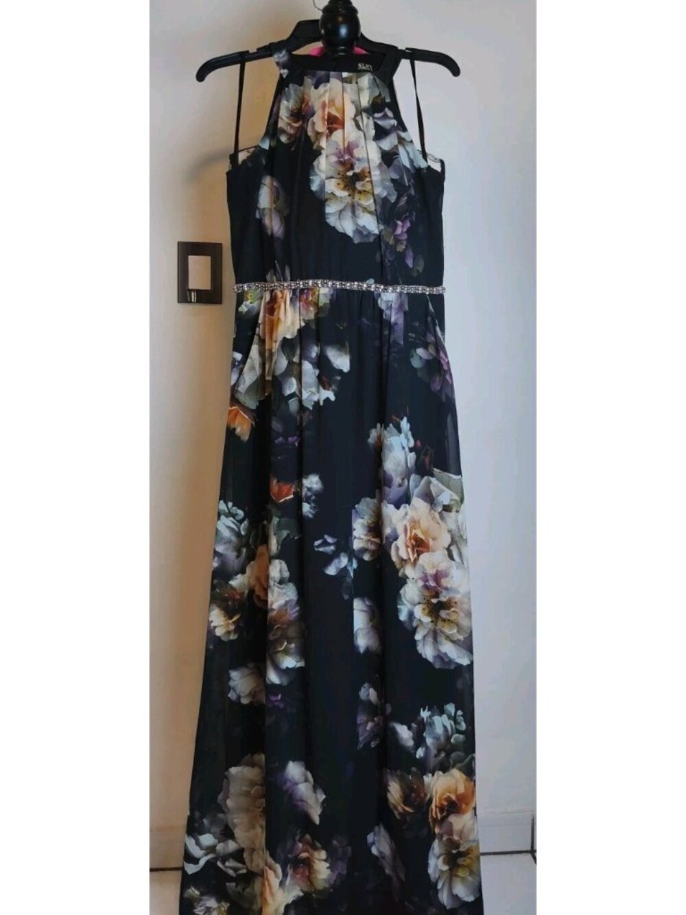 SLNY SL Fashions NY Black Floral Halter Maxi Dress Rhinestone Waist Size 10